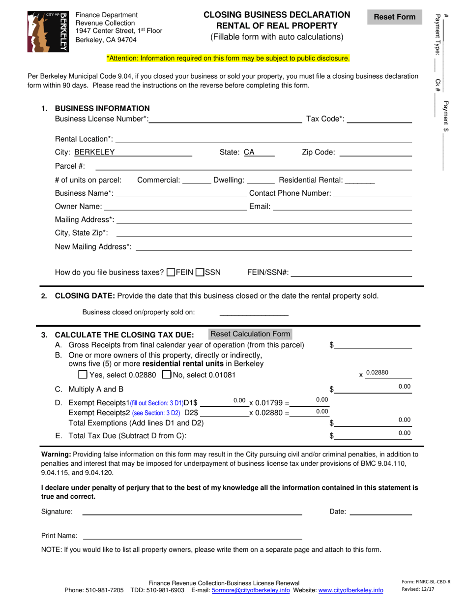 Form FINRC-BL-CBD-R Closing Business Declaration Rental of Real Property (With Auto Calculations) - City of Berkeley, California, Page 1