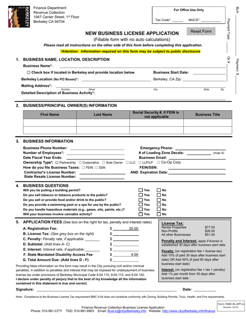 Form FINRC-BL-APP-NC New Business License Application (Without Auto-calculations) - City of Berkeley, California