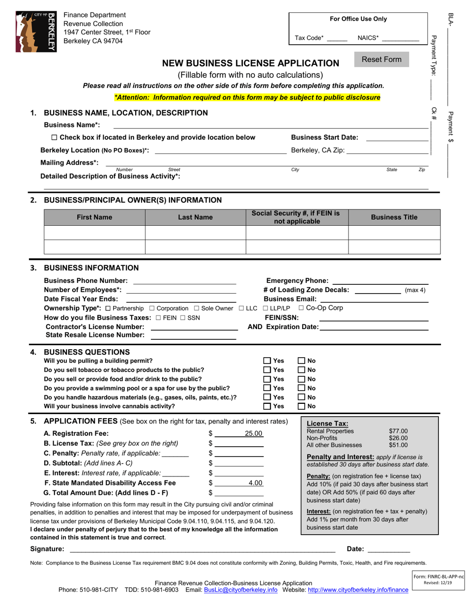 Form FINRC-BL-APP-NC New Business License Application (Without Auto-calculations) - City of Berkeley, California, Page 1