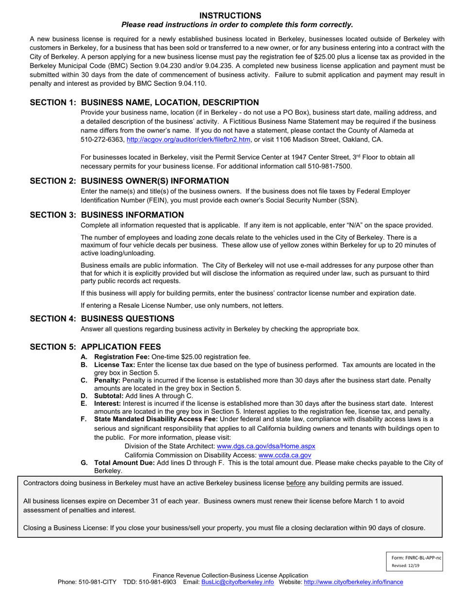 Form FINRC-BL-APP-NC New Business License Application (Without Auto-calculations) - City of Berkeley, California, Page 2
