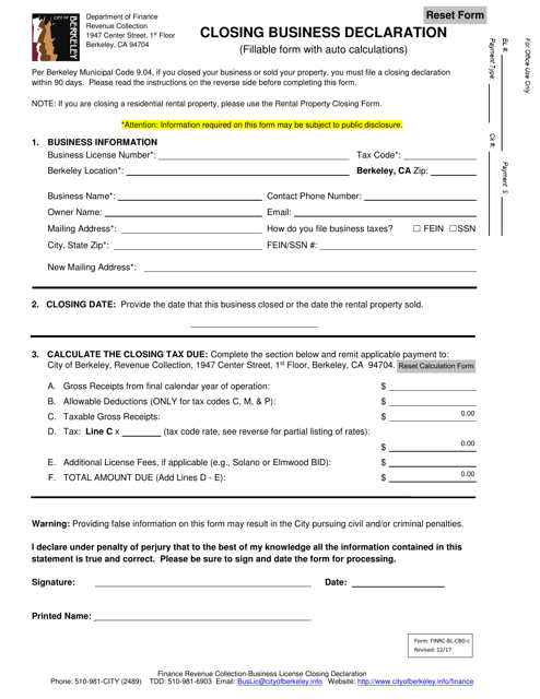 Form FINRC-BL-CBD-C Closing Business Declaration (With Auto-calculations) - City of Berkeley, California