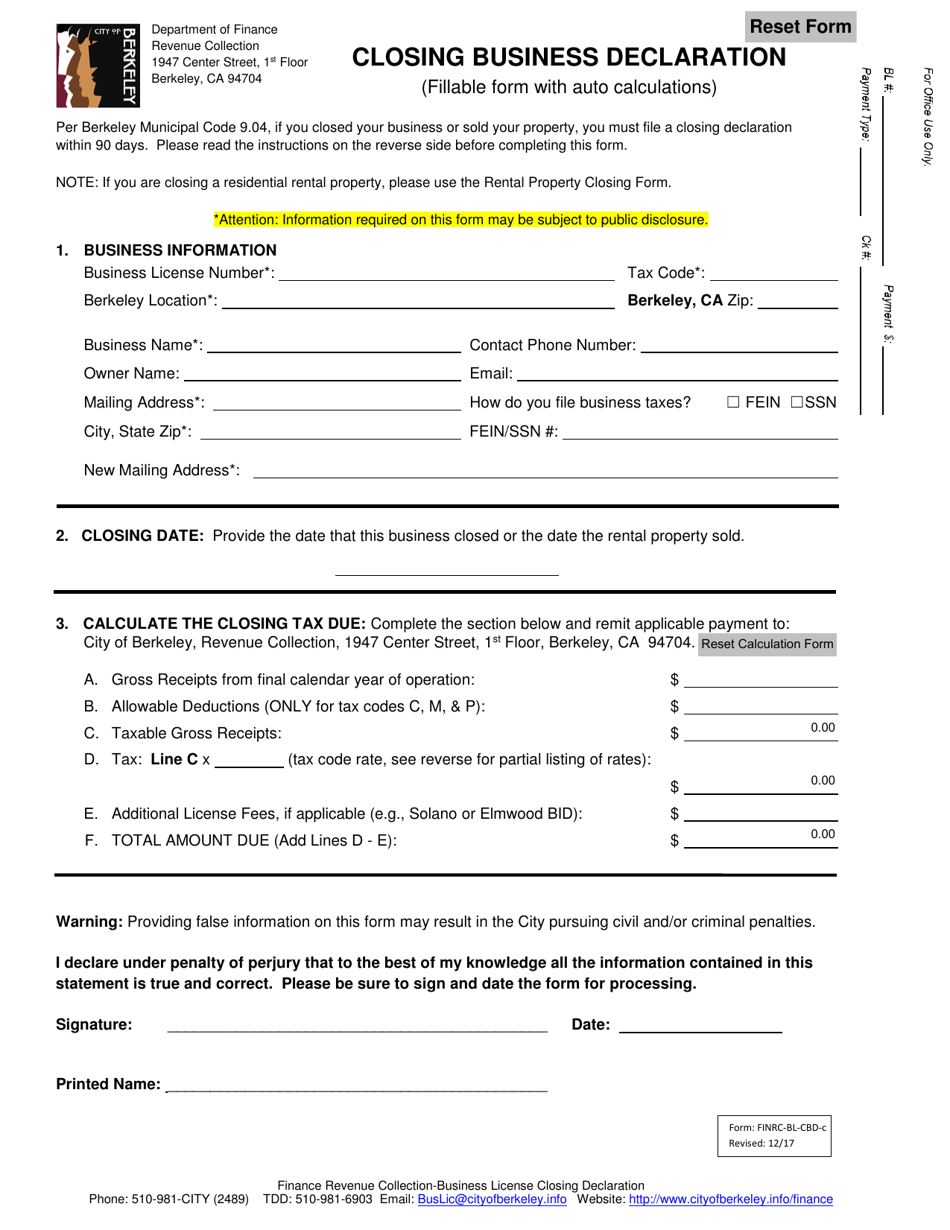 Form FINRC-BL-CBD-C Closing Business Declaration (With Auto-calculations) - City of Berkeley, California, Page 1