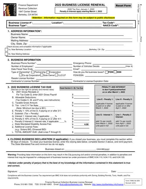 Form FINRC-BL-GEN Business License Renewal (Without Auto-calculations) - City of Berkeley, California, 2022