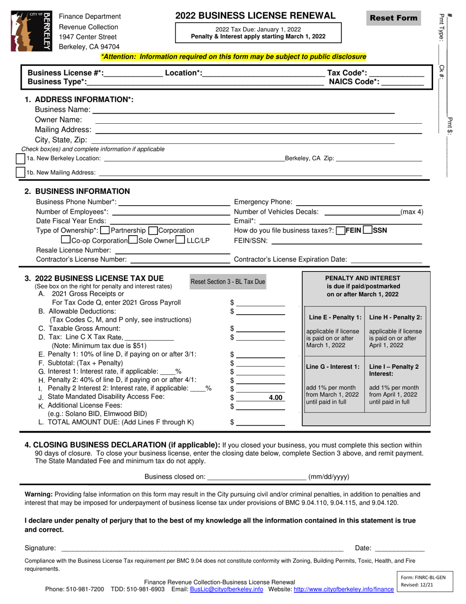 Form FINRC-BL-GEN Business License Renewal (Without Auto-calculations) - City of Berkeley, California, Page 1