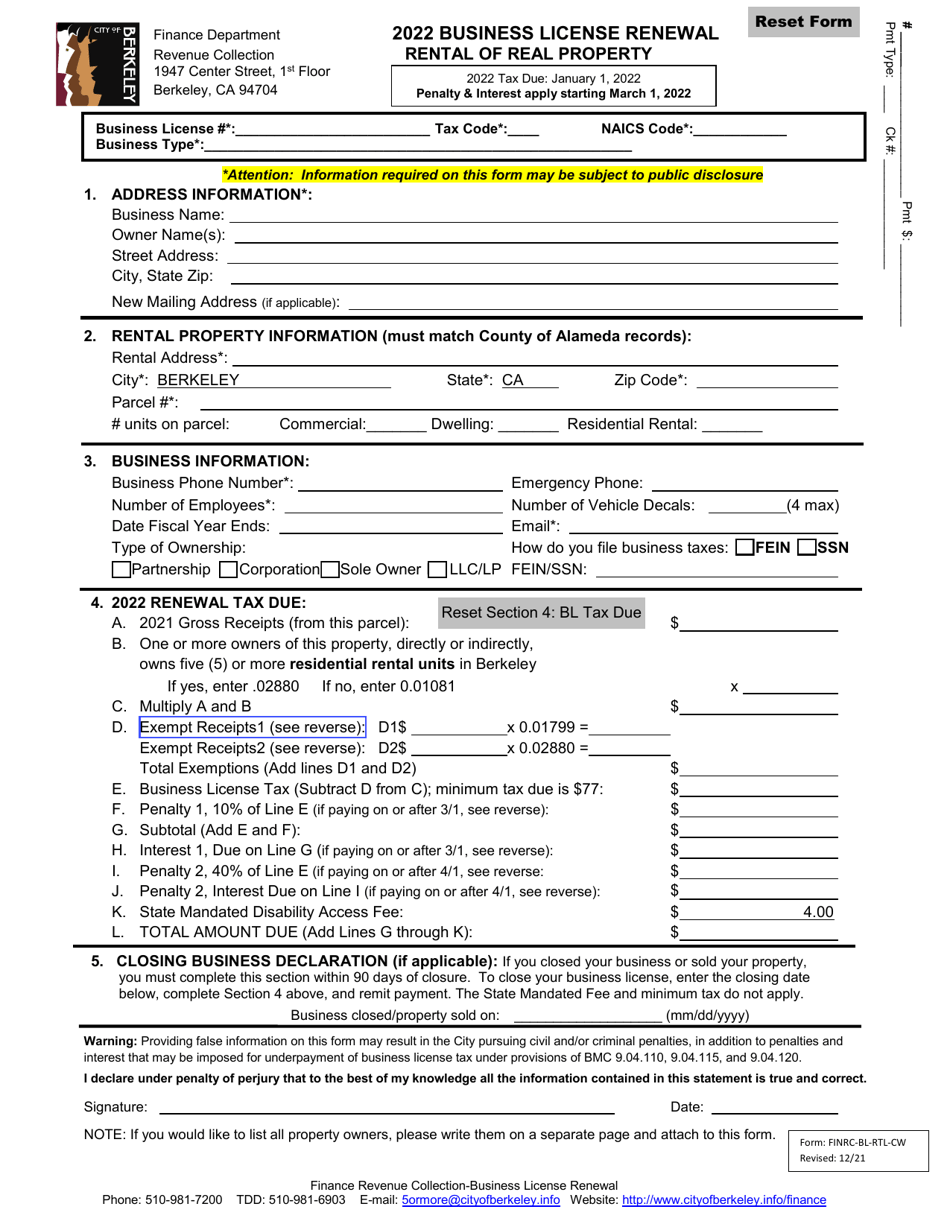 Form FINRC-BL-RTL-CW Business License Renewal - Rental of Real Property (Without Auto-calculations) - City of Berkeley, California, Page 1
