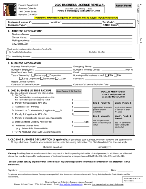 Form FINRC-BL-FLT-CW Flat Fee Business License Renewal (Without Auto-calculations) - City of Berkeley, California, 2022