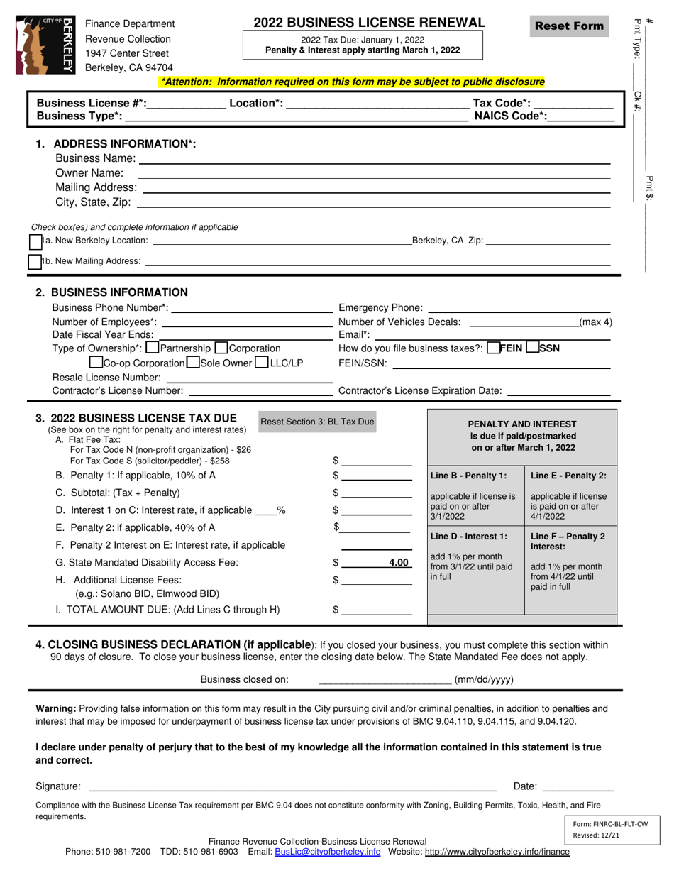 Form FINRC-BL-FLT-CW Flat Fee Business License Renewal (Without Auto-calculations) - City of Berkeley, California, Page 1