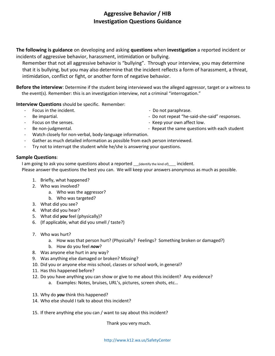 Aggressive Behavior / Hib Investigation Questions Guidance - Washington, Page 1