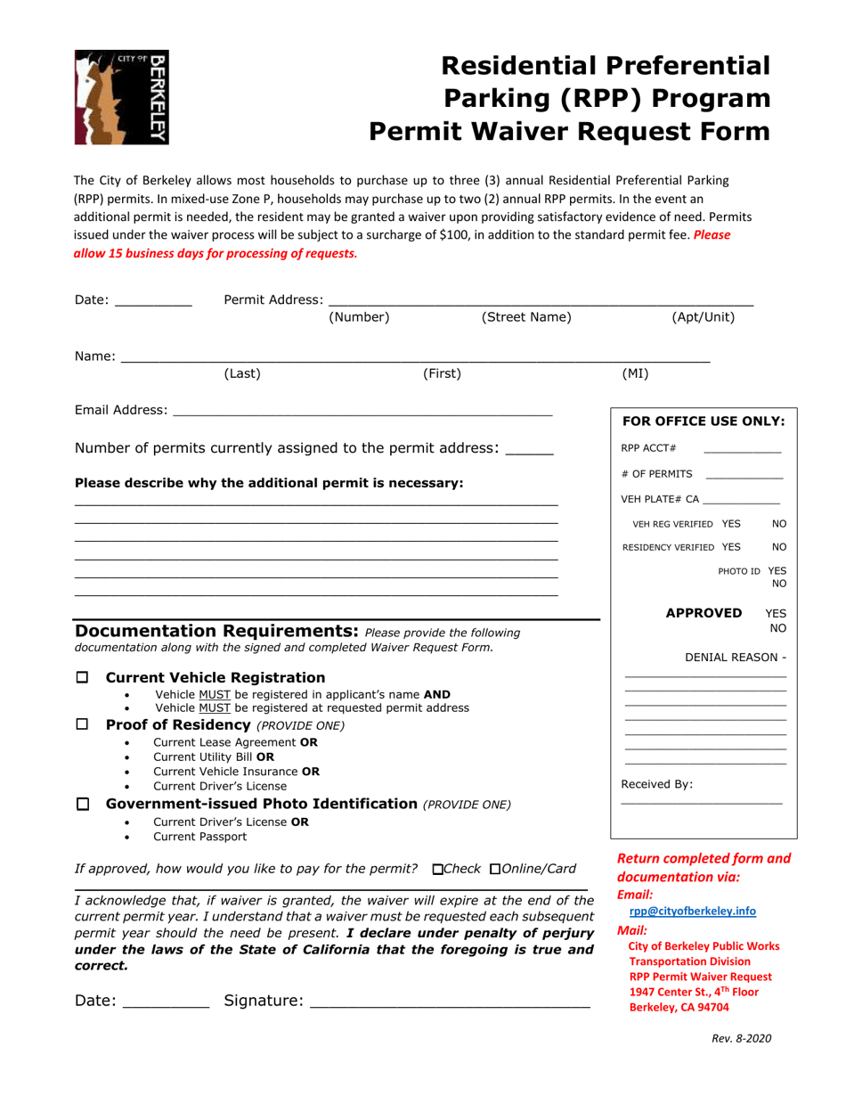 Residential Preferential Parking (Rpp) Program Permit Waiver Request Form - City of Berkeley, California, Page 1