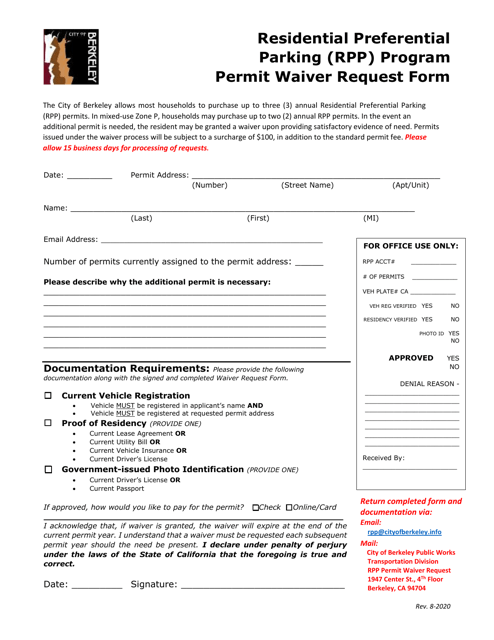 Residential Preferential Parking (Rpp) Program Permit Waiver Request Form - City of Berkeley, California Download Pdf