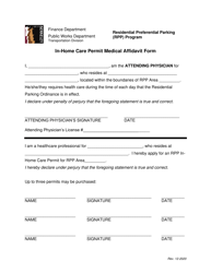 &quot;In-home Care Permit Medical Affidavit Form - Residential Preferential Parking (Rpp) Program&quot; - City of Berkeley, California