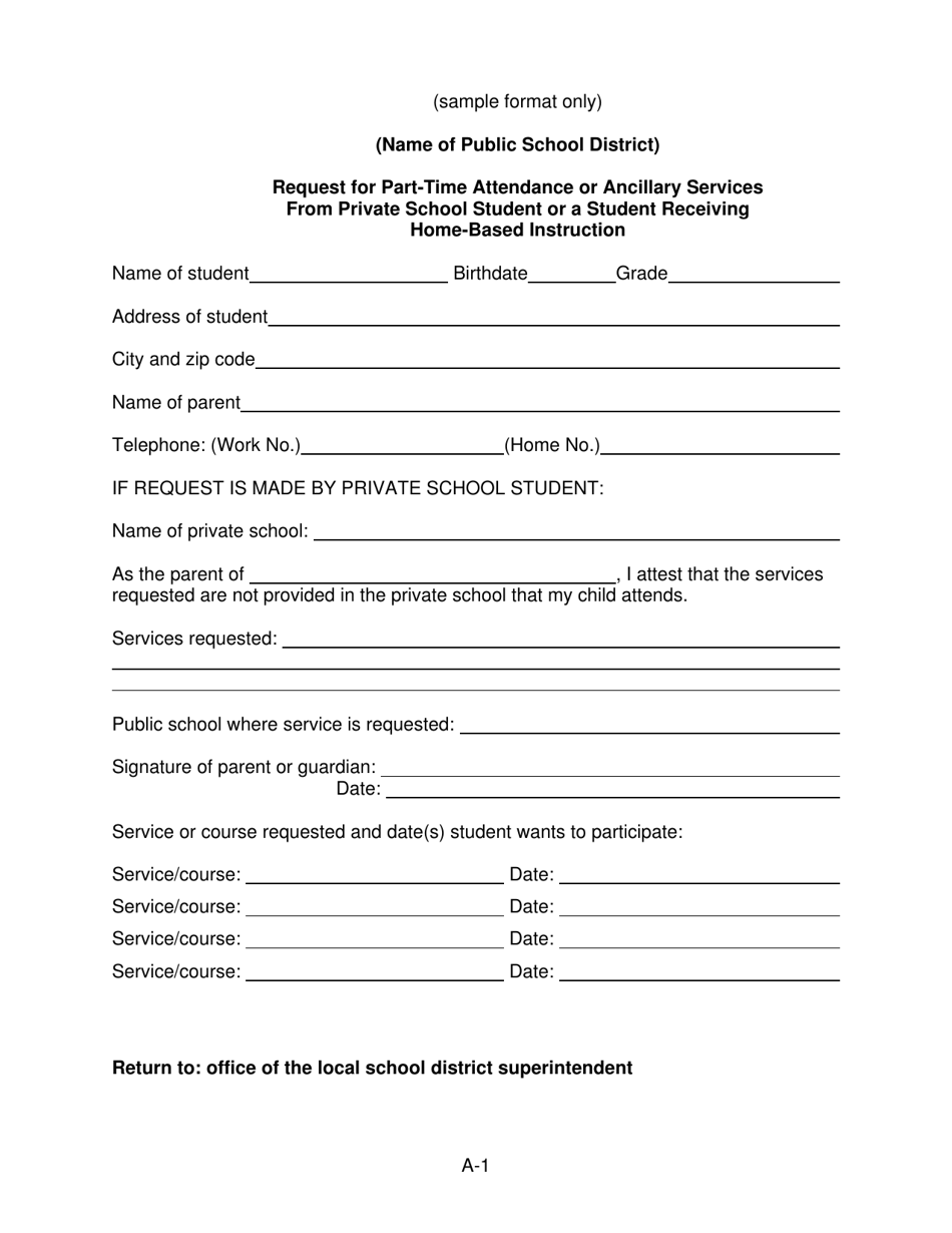 Form A-1 Request for Part-Time Attendance or Ancillary Services From Private School Student or a Student Receiving Home-Based Instruction - Washington, Page 1
