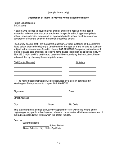 Form A-2 Declaration of Intent to Provide Home-Based Instruction - Washington