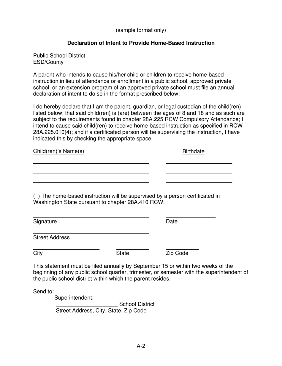 Form A-2 Declaration of Intent to Provide Home-Based Instruction - Washington, Page 1