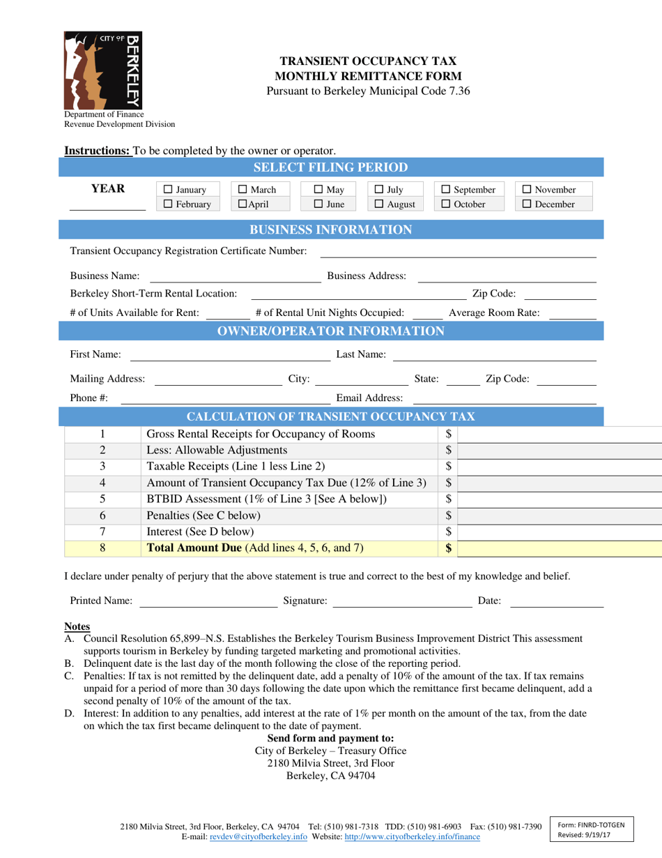 Form FINRD-TOTGEN Transient Occupancy Tax Monthly Remittance Form - City of Berkeley, California, Page 1