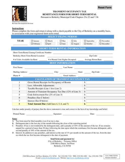 Form FINRD-TOTSTR Transient Occupancy Tax Remittance Form for Short-Term Rental - City of Berkeley, California