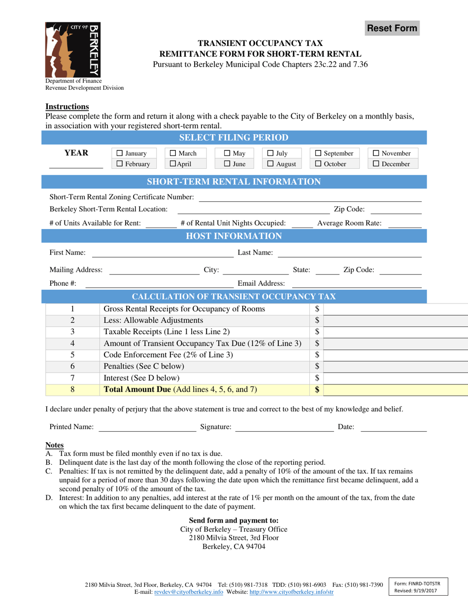 Form FINRD-TOTSTR Transient Occupancy Tax Remittance Form for Short-Term Rental - City of Berkeley, California, Page 1