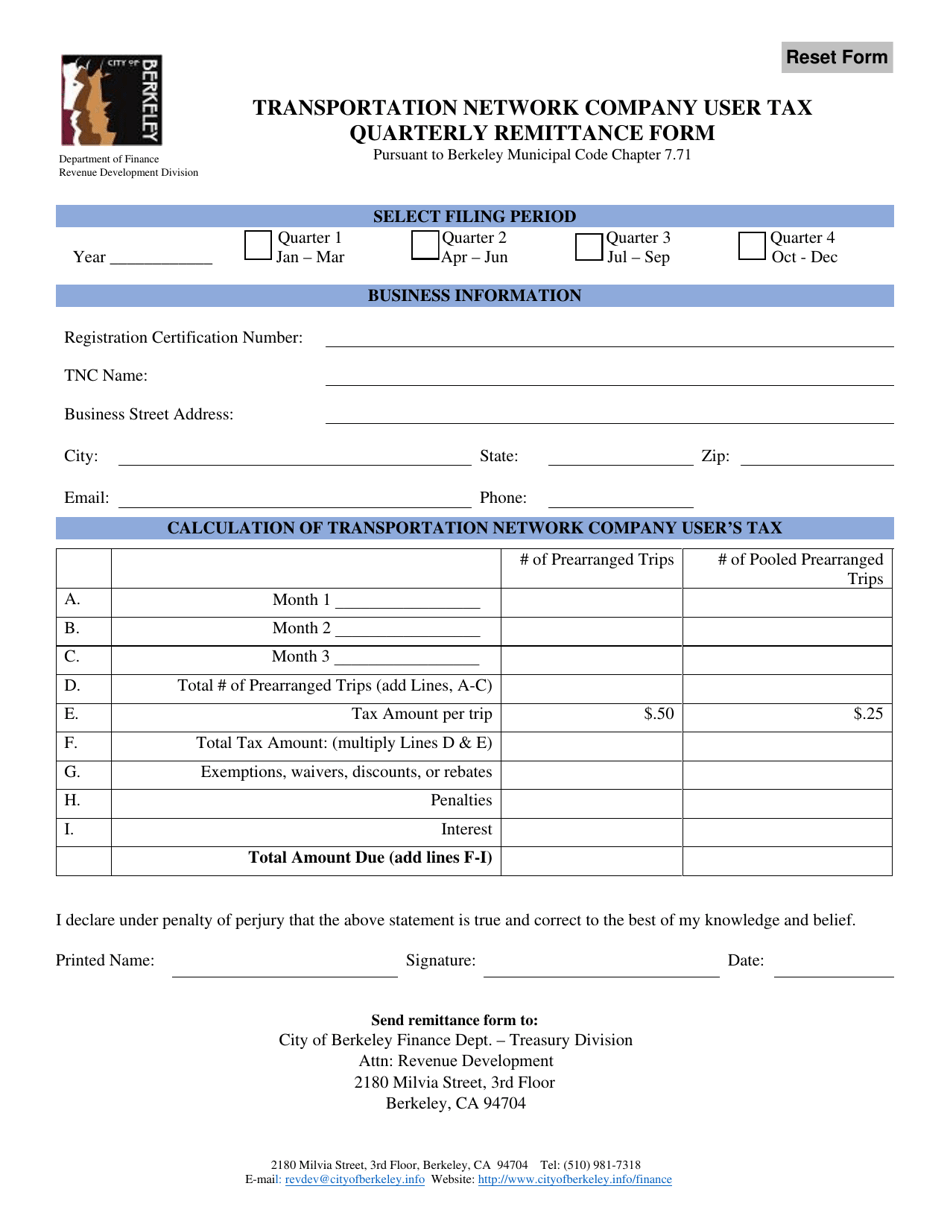 Transportation Network Company User Tax Quarterly Remittance Form - City of Berkeley, California, Page 1