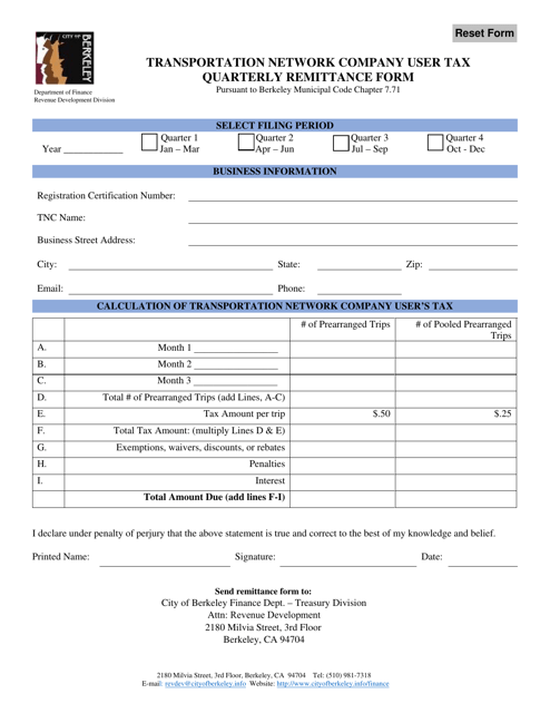 Transportation Network Company User Tax Quarterly Remittance Form - City of Berkeley, California