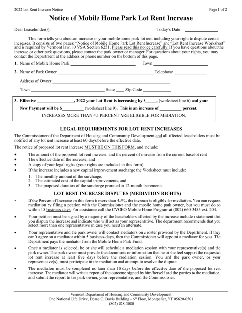 Notice of Mobile Home Park Lot Rent Increase - Vermont Download Pdf