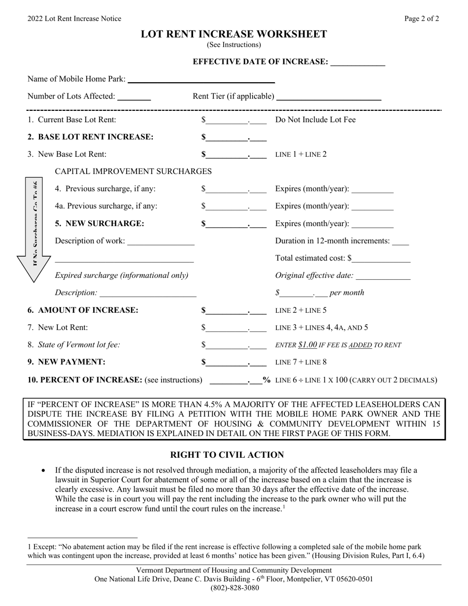 Notice of Mobile Home Park Lot Rent Increase - Vermont, Page 2