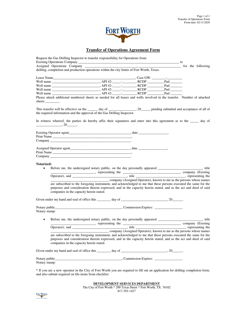 Transfer of Operations Agreement Form - City of Fort Worth, Texas, Page 1