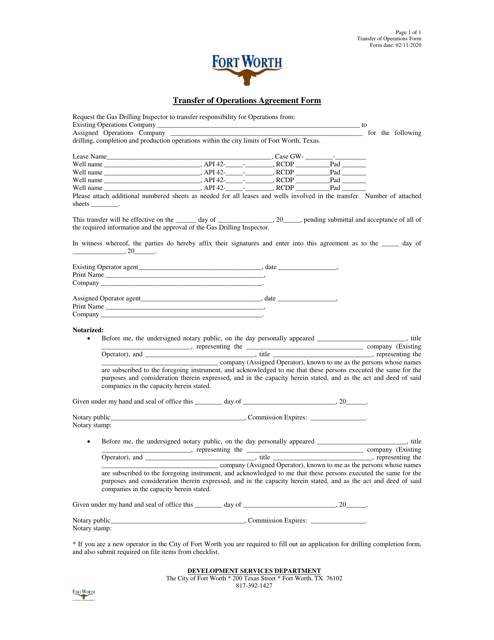 Transfer of Operations Agreement Form - City of Fort Worth, Texas