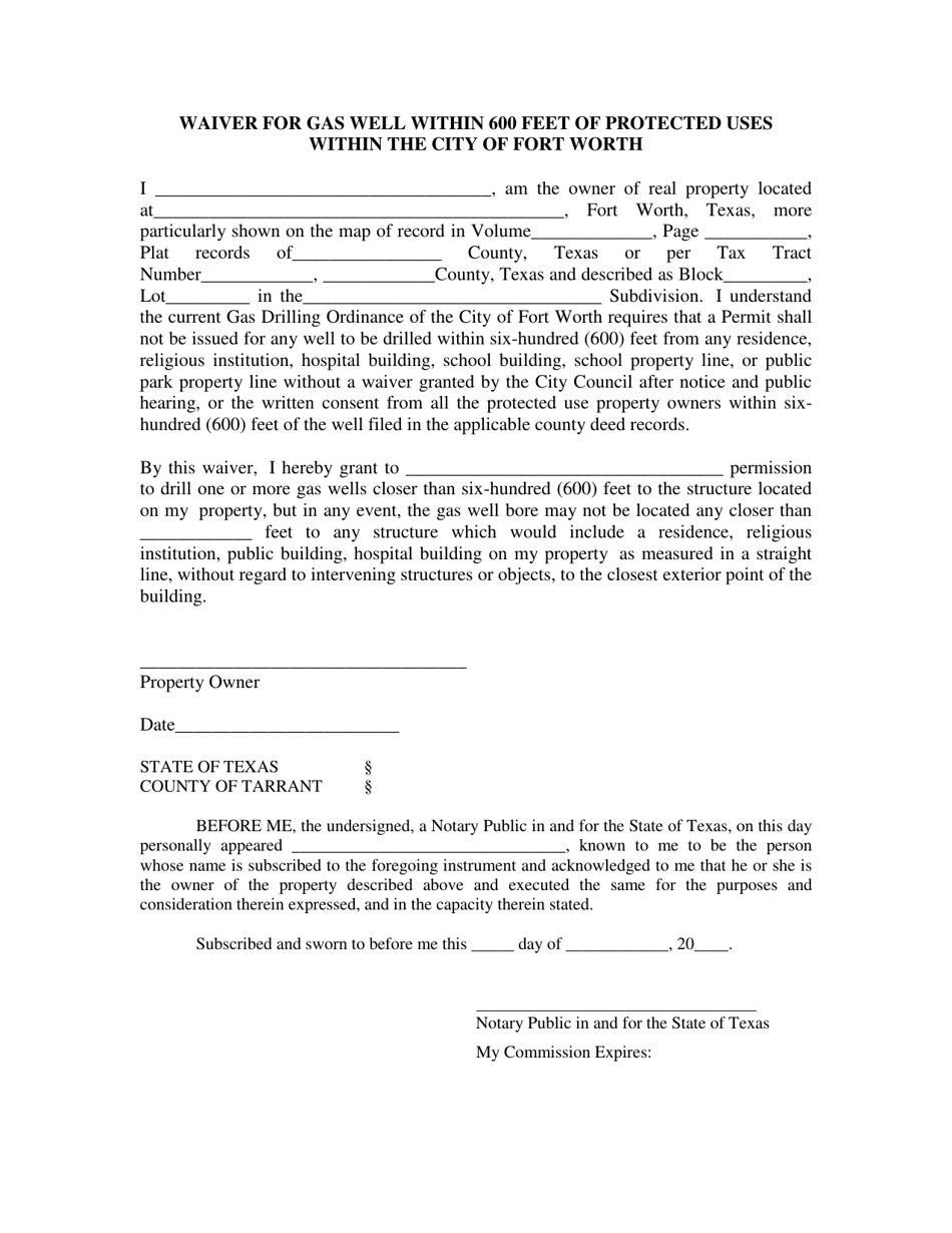Waiver for Gas Well Within 600 Feet of Protected Uses Within the City of Fort Worth - Single Person - City of Fort Worth, Texas, Page 1