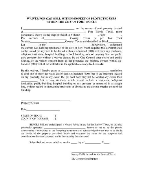 Waiver for Gas Well Within 600 Feet of Protected Uses Within the City of Fort Worth - Single Person - City of Fort Worth, Texas Download Pdf