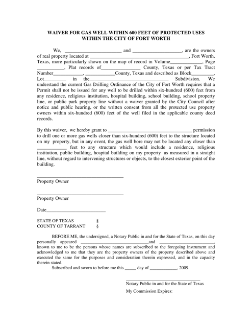 Waiver for Gas Well Within 600 Feet of Protected Uses Within the City of Fort Worth - Multiple - City of Fort Worth, Texas Download Pdf