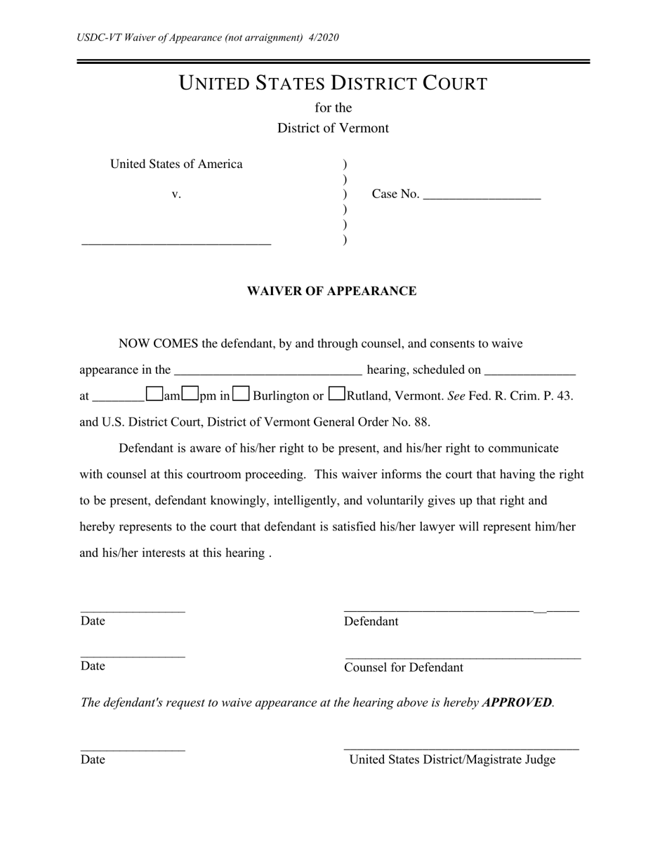 Waiver of Appearance - Criminal Cases - Vermont, Page 1