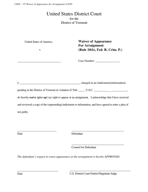 Waiver of Appearance for Arraignment - Vermont Download Pdf
