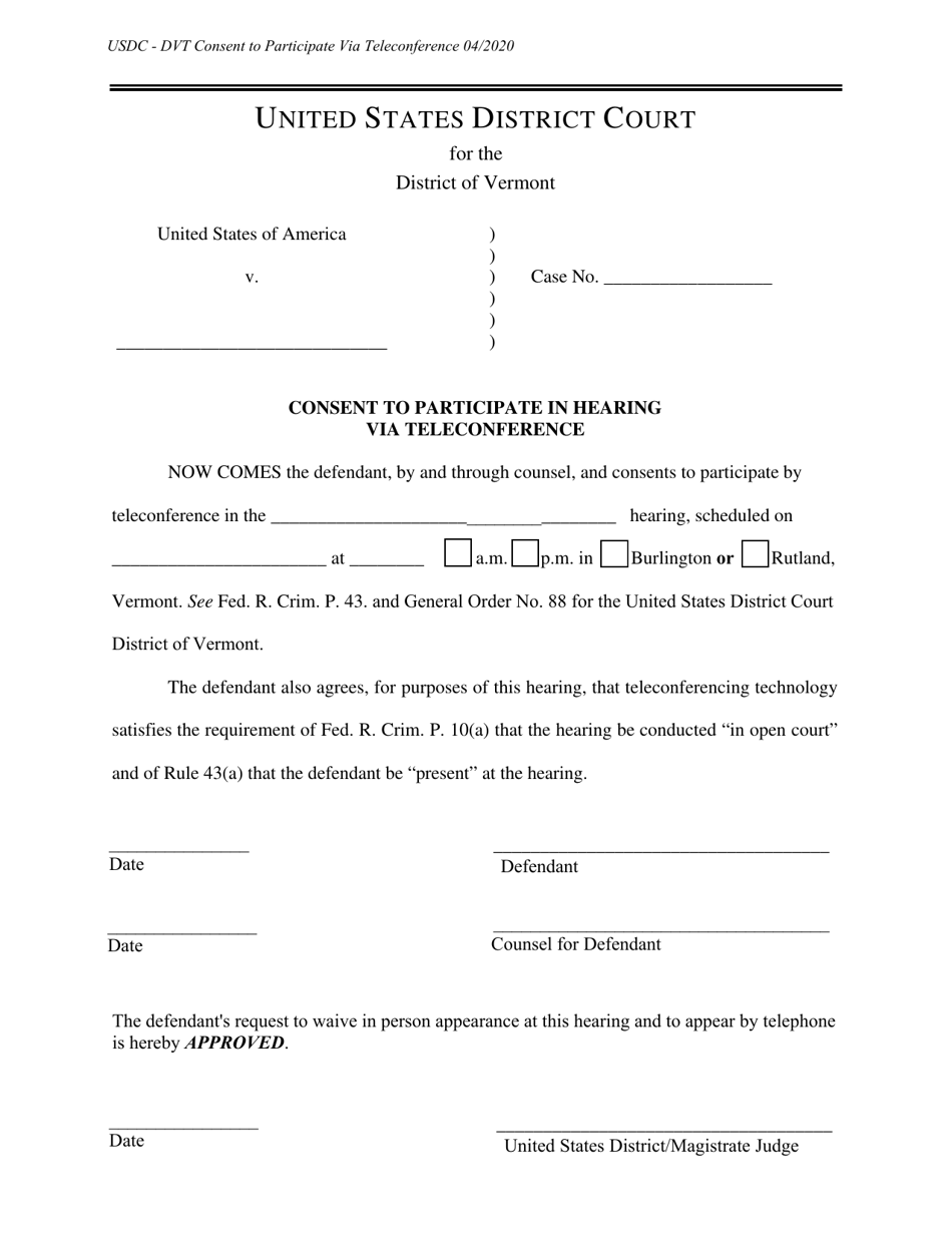 Consent to Participate in Hearing via Teleconference - Vermont, Page 1
