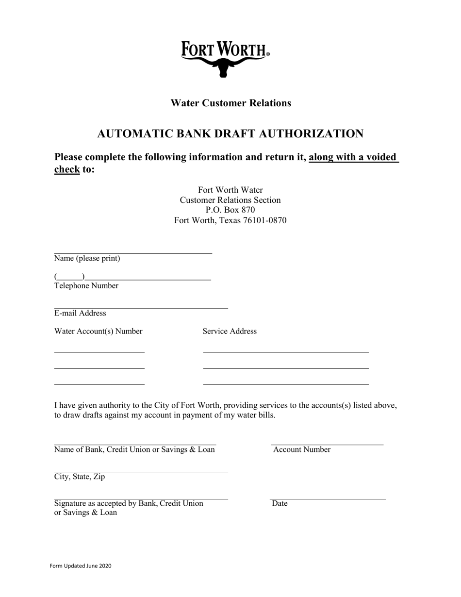 Automatic Bank Draft Authorization - City of Fort Worth, Texas (English / Spanish), Page 1