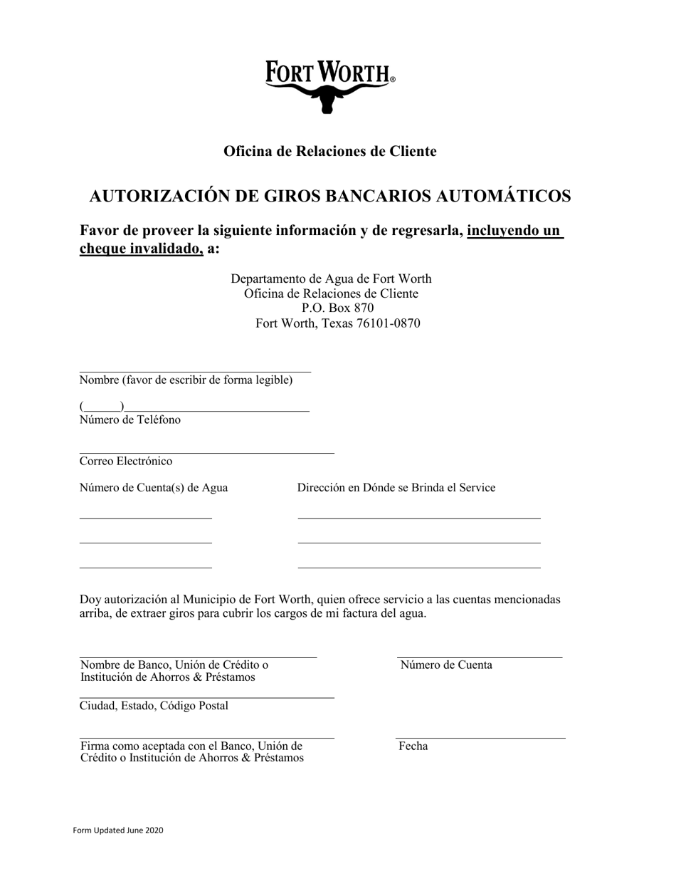 Automatic Bank Draft Authorization - City of Fort Worth, Texas (English / Spanish), Page 2