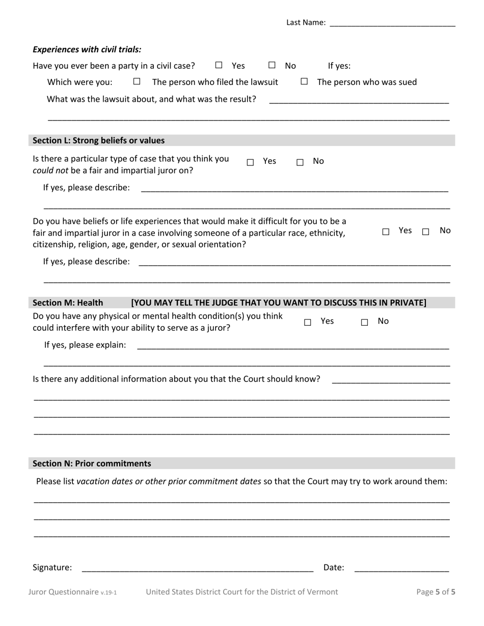 Statement to Jurors Regarding the Juror Questionnaire - Vermont, Page 5
