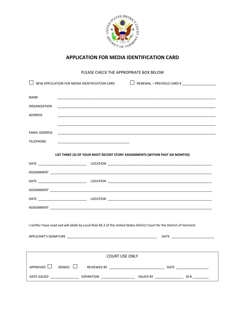 Application for Media Identification Card - Vermont, Page 1