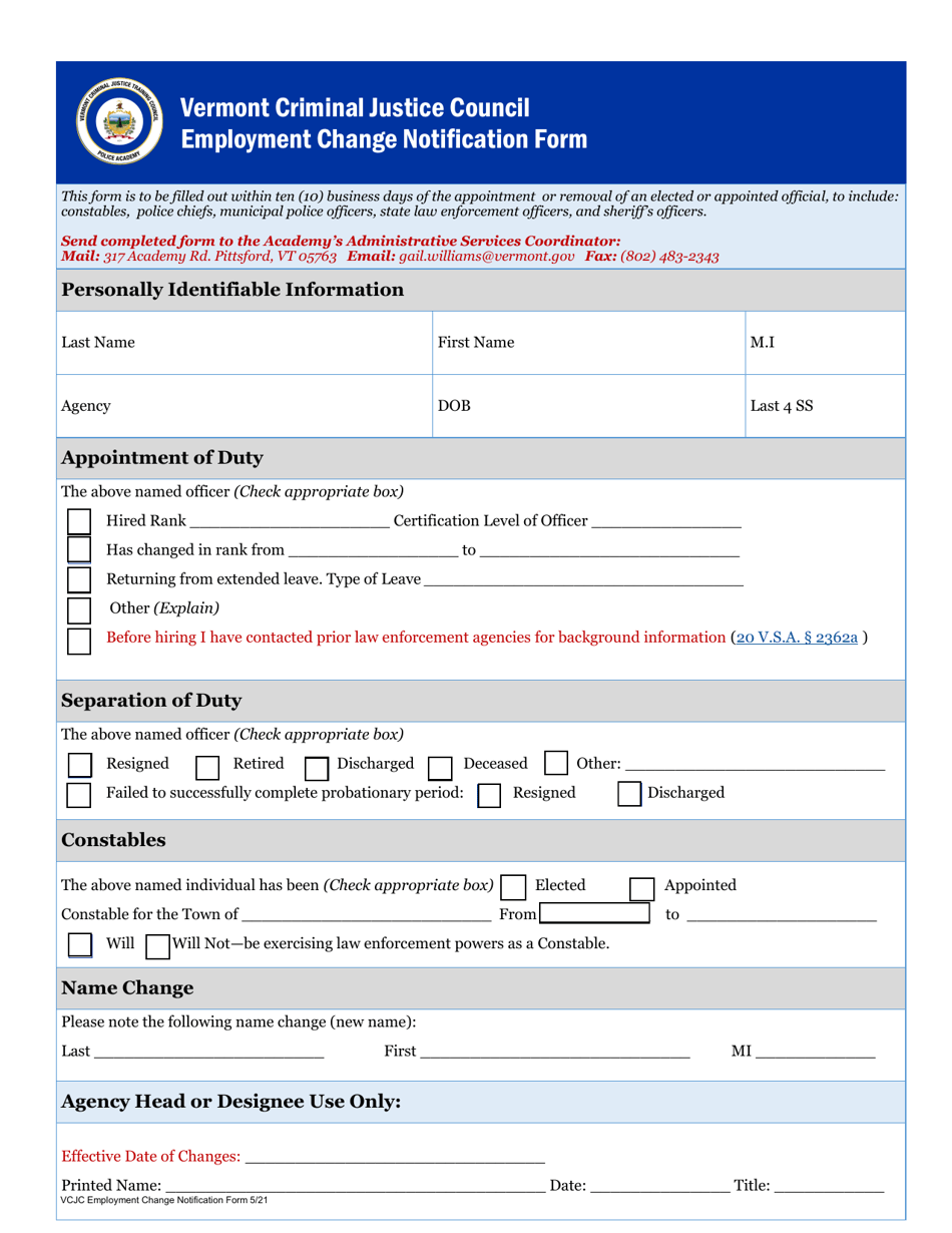 Employment Change Notification Form - Vermont, Page 1