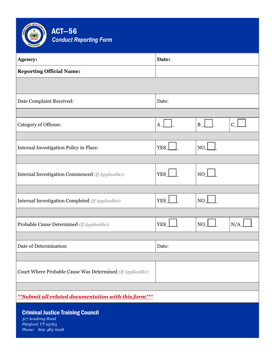 Act 56 Conduct Reporting Form - Vermont, Page 1