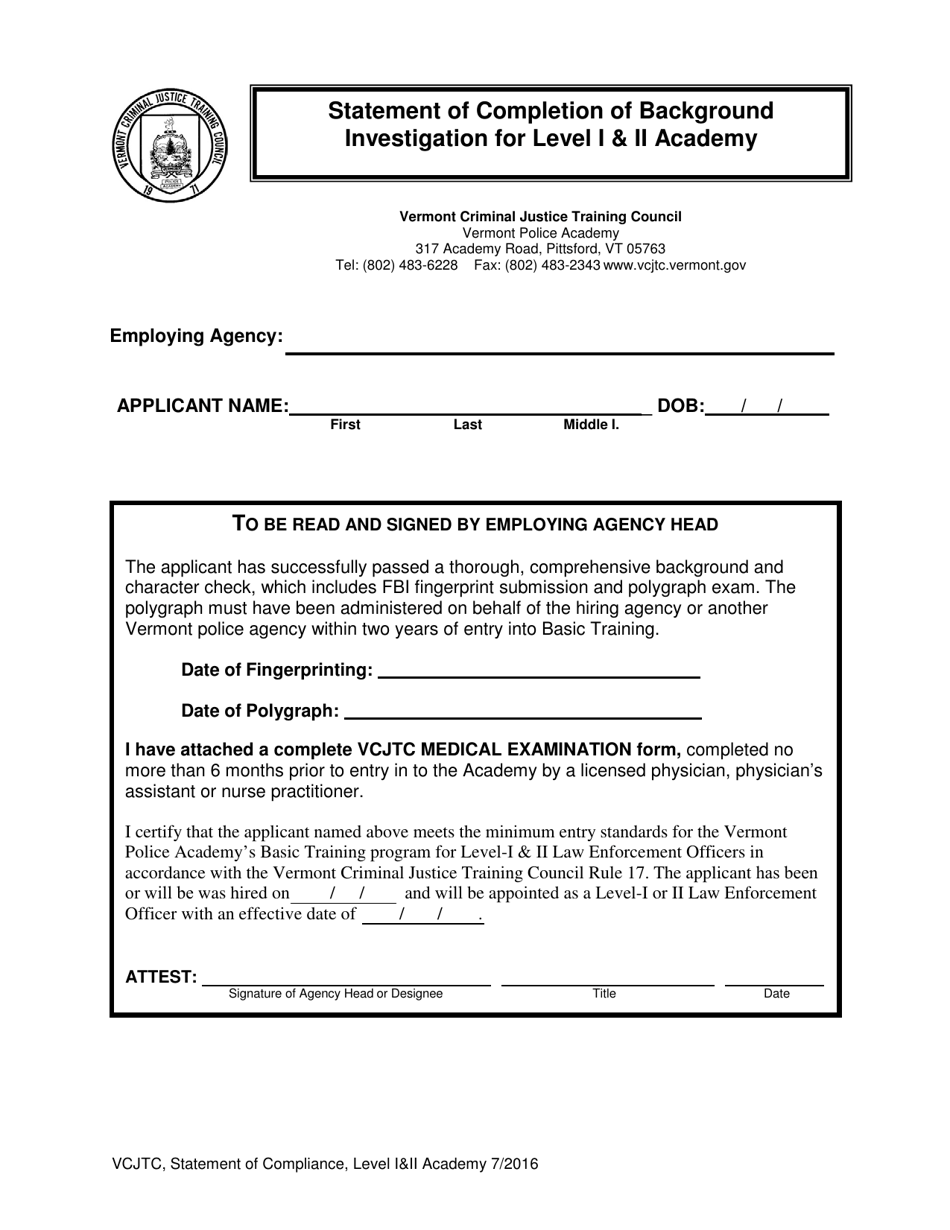 Statement of Completion of Background Investigation for Level I  II Academy - Vermont, Page 1