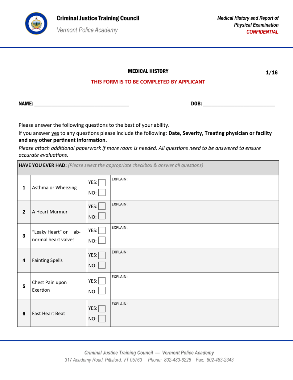 Medical History and Report of Physical Examination - Vermont, Page 2