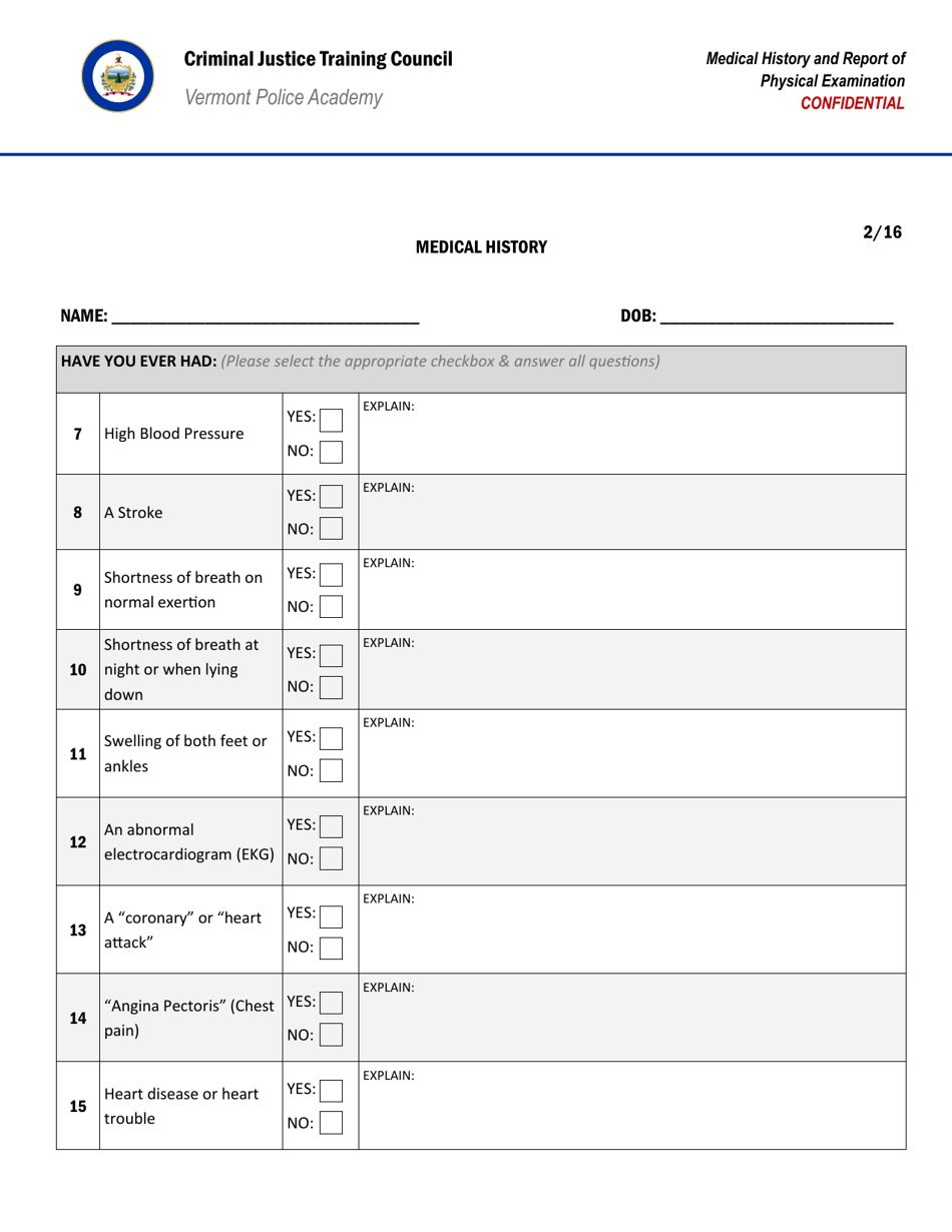 Medical History and Report of Physical Examination - Vermont, Page 3