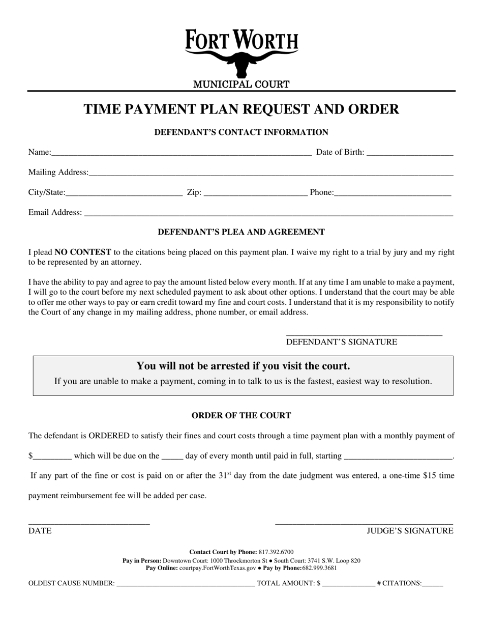 Time Payment Plan Request and Order - City of Fort Worth, Texas (English / Spanish), Page 1