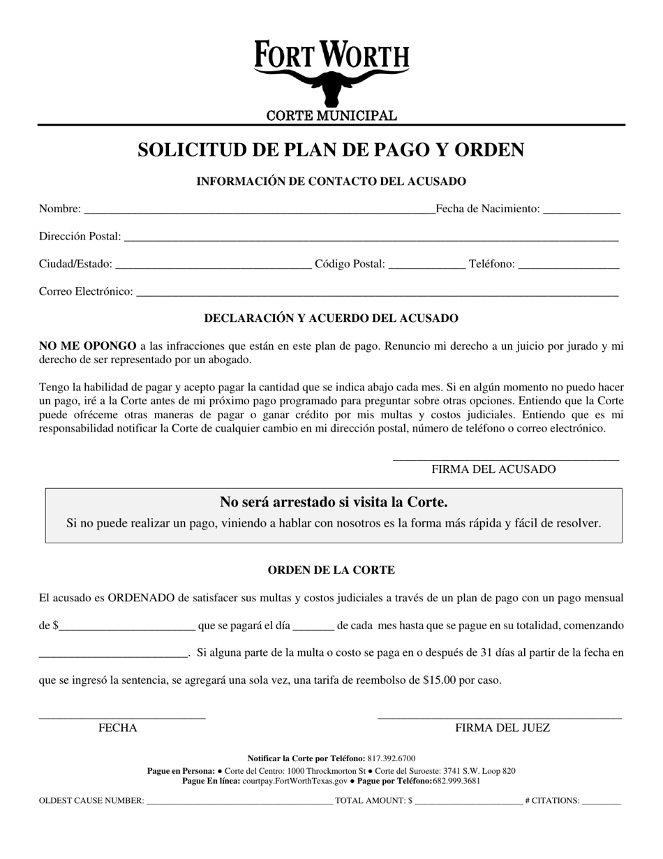Time Payment Plan Request and Order - City of Fort Worth, Texas (English / Spanish), Page 3