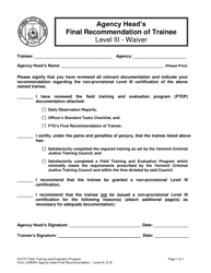 Agency Head's Final Recommendation of Trainee - Level Iii - Waiver - Vermont