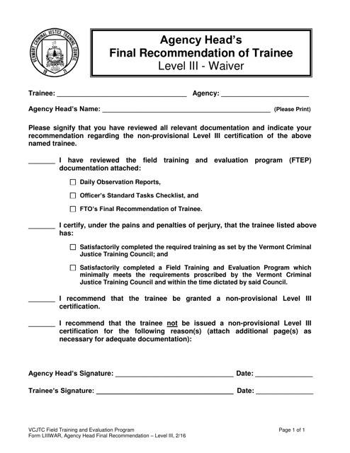 Agency Head's Final Recommendation of Trainee - Level Iii - Waiver - Vermont