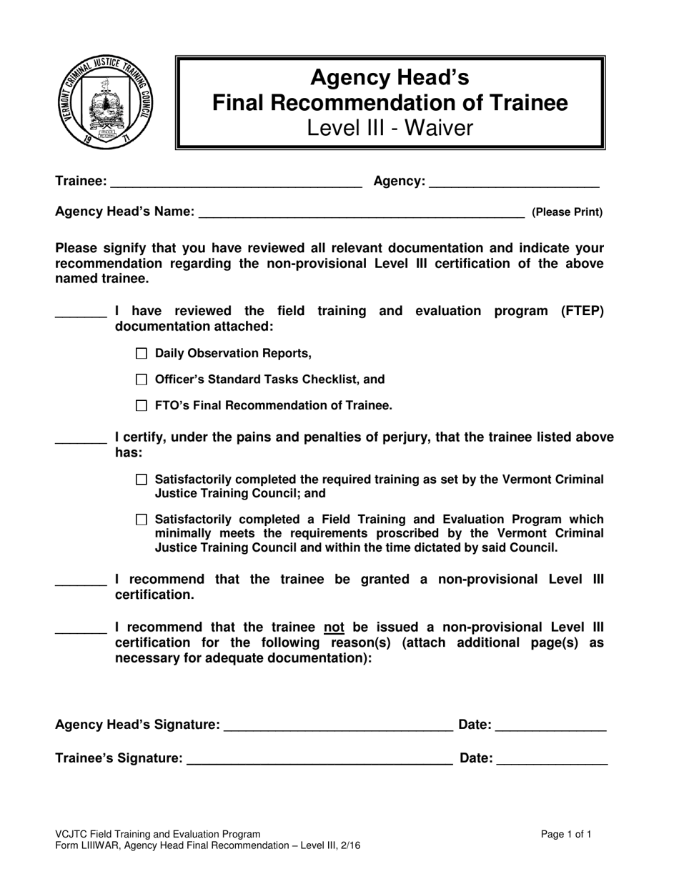 Agency Heads Final Recommendation of Trainee - Level Iii - Waiver - Vermont, Page 1