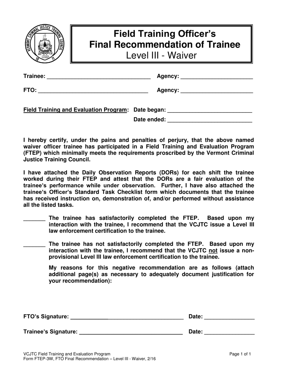 Form FTEP-3W Field Training Officers Final Recommendation of Trainee - Level Iii - Waiver - Vermont, Page 1