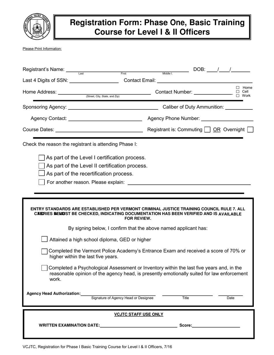 Registration Form - Phase One, Basic Training Course for Level I  II Officers - Vermont, Page 1