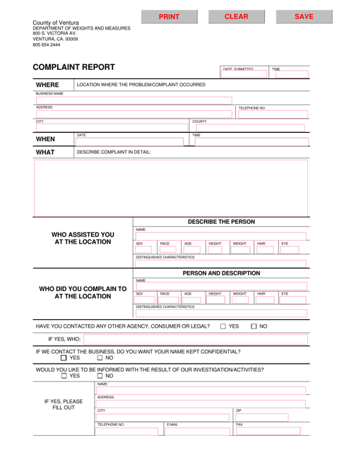 Complaint Report - County of Ventura, California Download Pdf